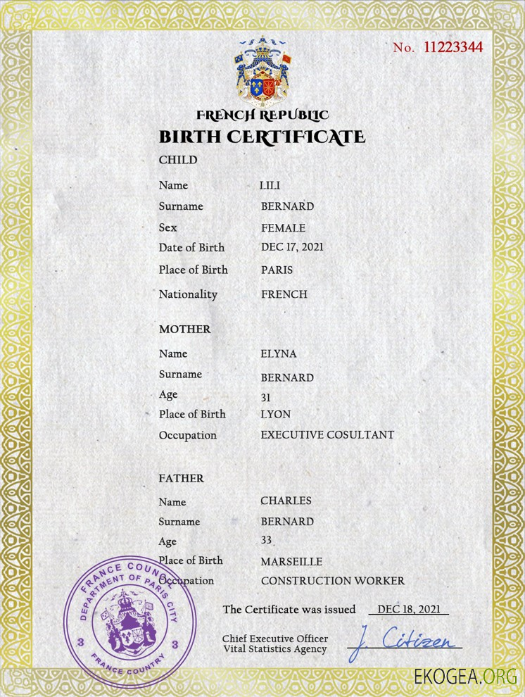 Modèle PSD d'acte de naissance d'état civil en France